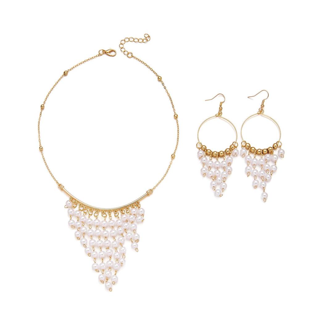Retro Imitation Pearl Tassel Necklace and Earring Set - European & American Bestseller