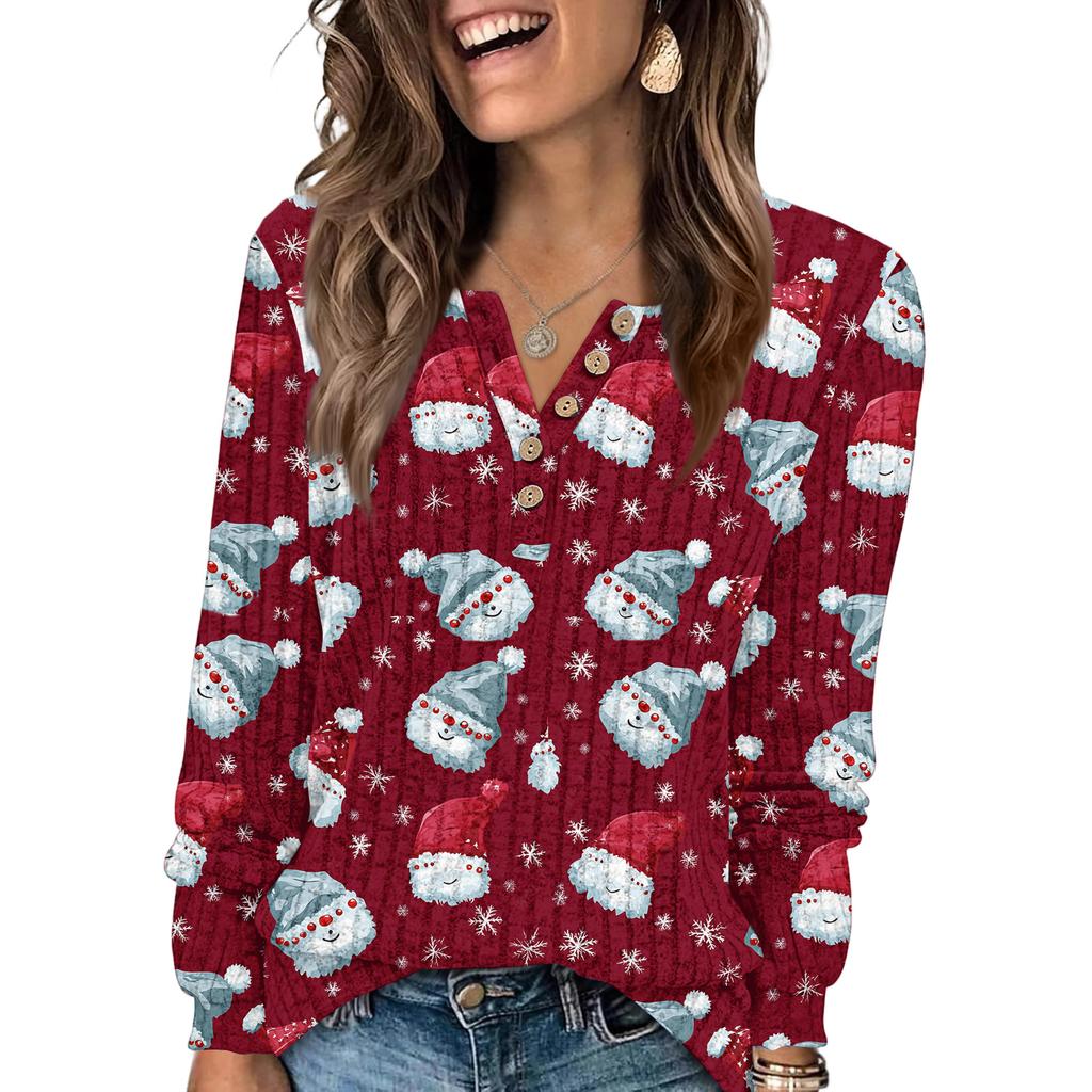 Women's Fashion V-Neck Button-Up T-Shirt With Christmas Print Long-Sleeved Top