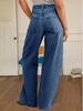 Damen High Waist Baggy Weite Beine Jeans Kordelzug Boyfriend Denim Hose