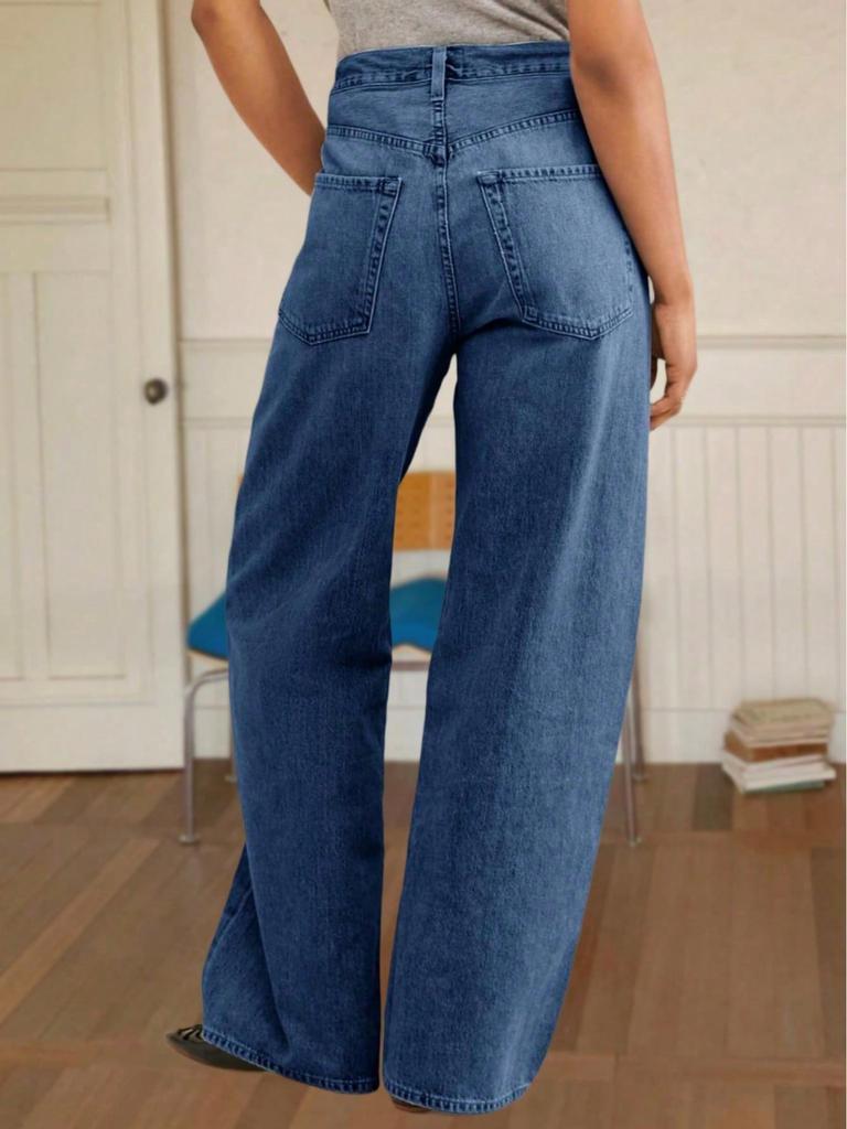 Damen High Waist Baggy Weite Beine Jeans Kordelzug Boyfriend Denim Hose