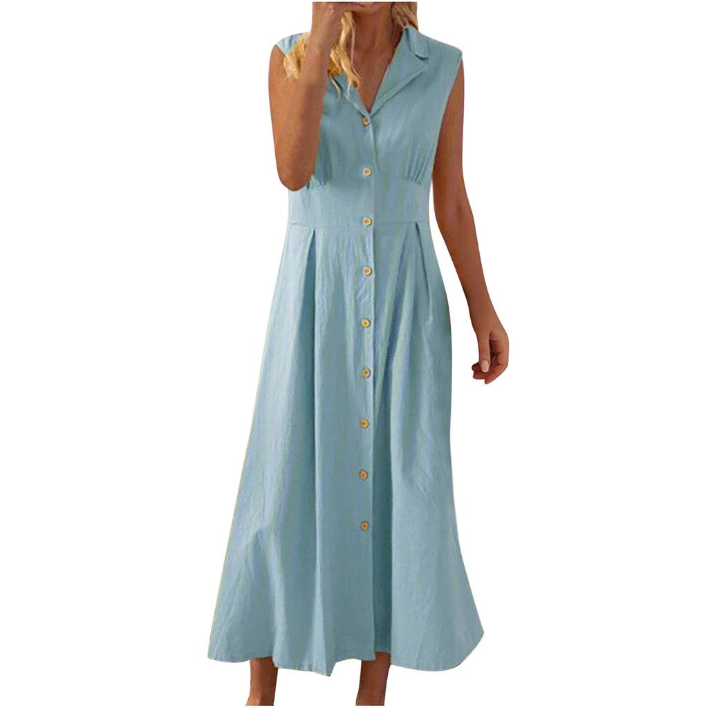 Cotton and linen dress, new suit collar, solid color button cotton and linen dress, dress.