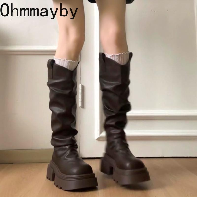 Autumn Winter Platform Thick Bottom Women Long Boots Fashion Slip On Shoes Vintage Ladies Knight Botas