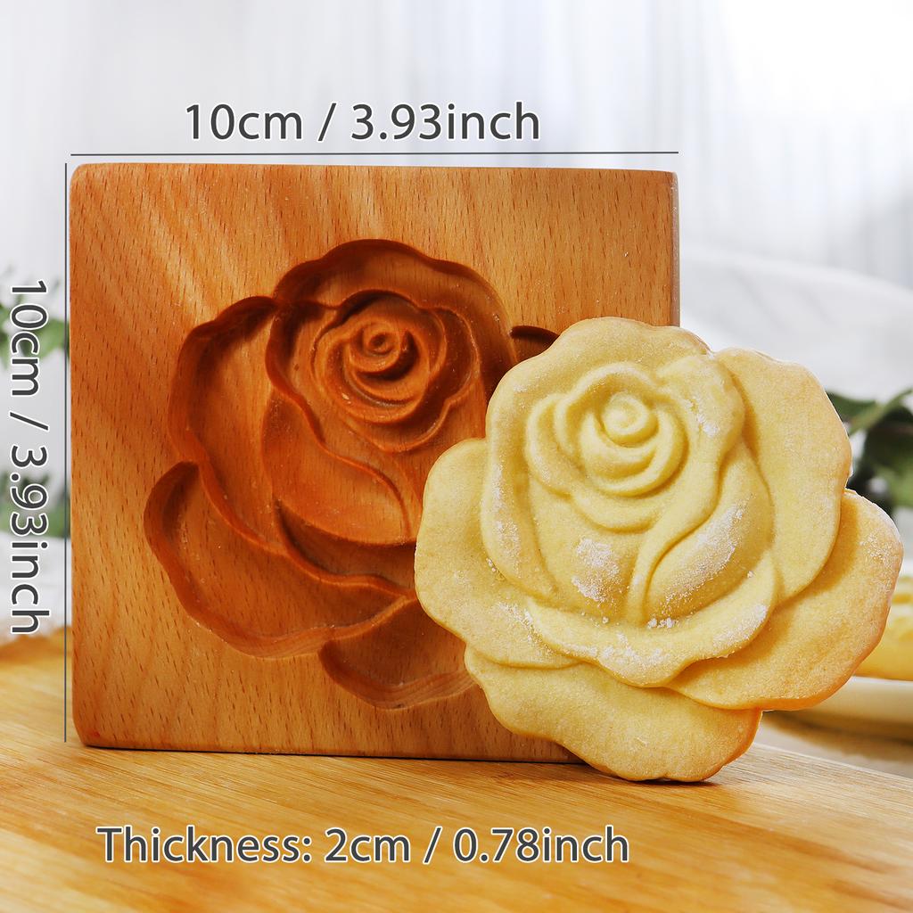 1PC Wooden Cookie Molds with Rose Flower Patterns, 3D DIY Carved Embossed Cookie Cutter Moulds for Baking, Fondant Cake Biscuit