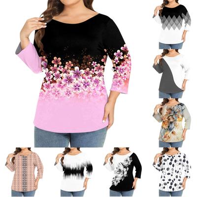 Women's Plus-size Model O-neck 3/4 Sleeve Solid Color Top