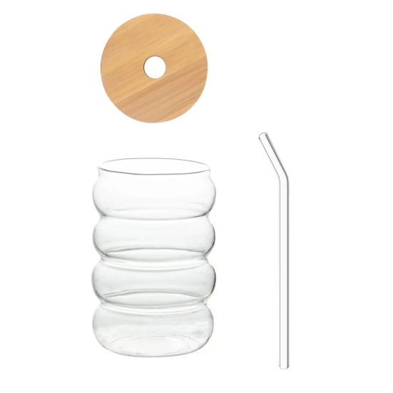 300ML/450ML Drinking Glasses High Temperature Resistant Glass with Lids Straws Wave Design Water Cups for Beer Iced Coffee Cocktails