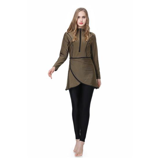Conjunto de 3 Peças/Conjunto Feminino Maiô Dividido Saia Frontal Fechamento Seguro com Zíper Proteção UV Tops Calças Compridas para Natação Conjunto com Lenço de Cabeça