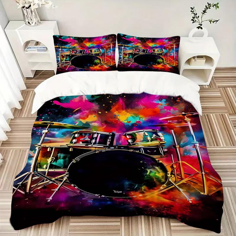 3pcs Colorful Drum Set Print Comforter Set with One Quilt Cover and Two Pillowcases (No Core) - Festival Gift for Home Decor, Anime Cartoon Design, Po