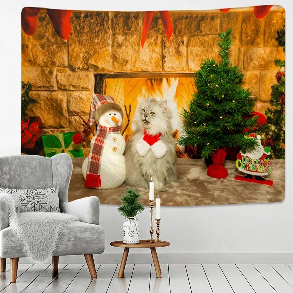

New Year Christmas Decoration Snow House Nature Cat Tapestry Kawaii Decor Wall Hanging Psychedelic Hippie Aesthetic Home Decor 74x94cm(29x37in)