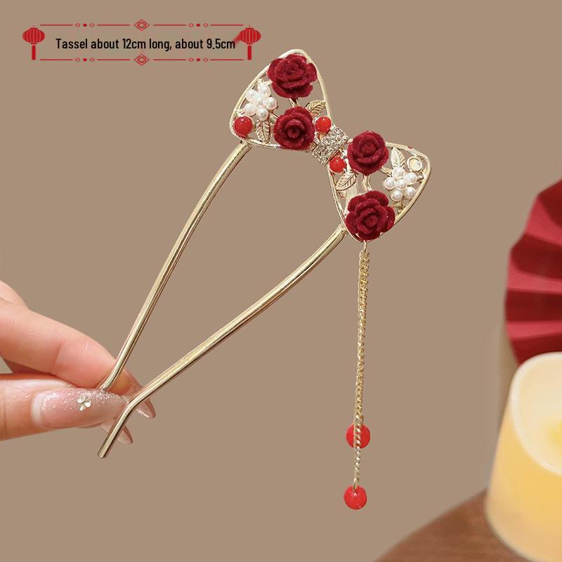 Elegant Red Rose Tassel Hairpin - U-shaped Hair Accessory for Women, Perfect for Updos and Traditional Attire.
