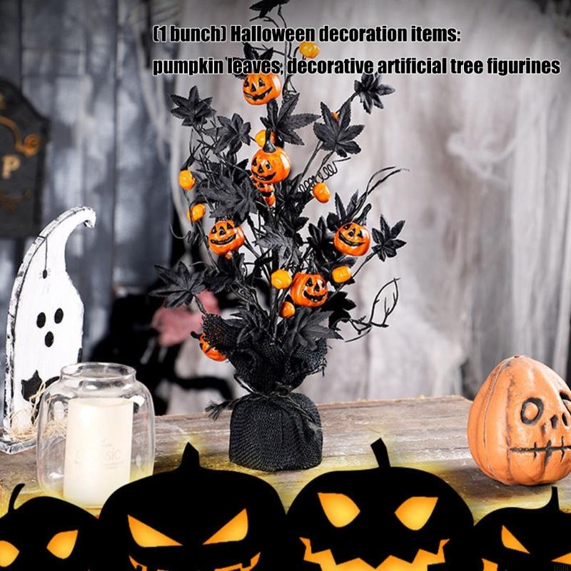 Halloween Artificial Tree Decoration With Pumpkins and Black Maples Leaves for Home Party Desktop Display