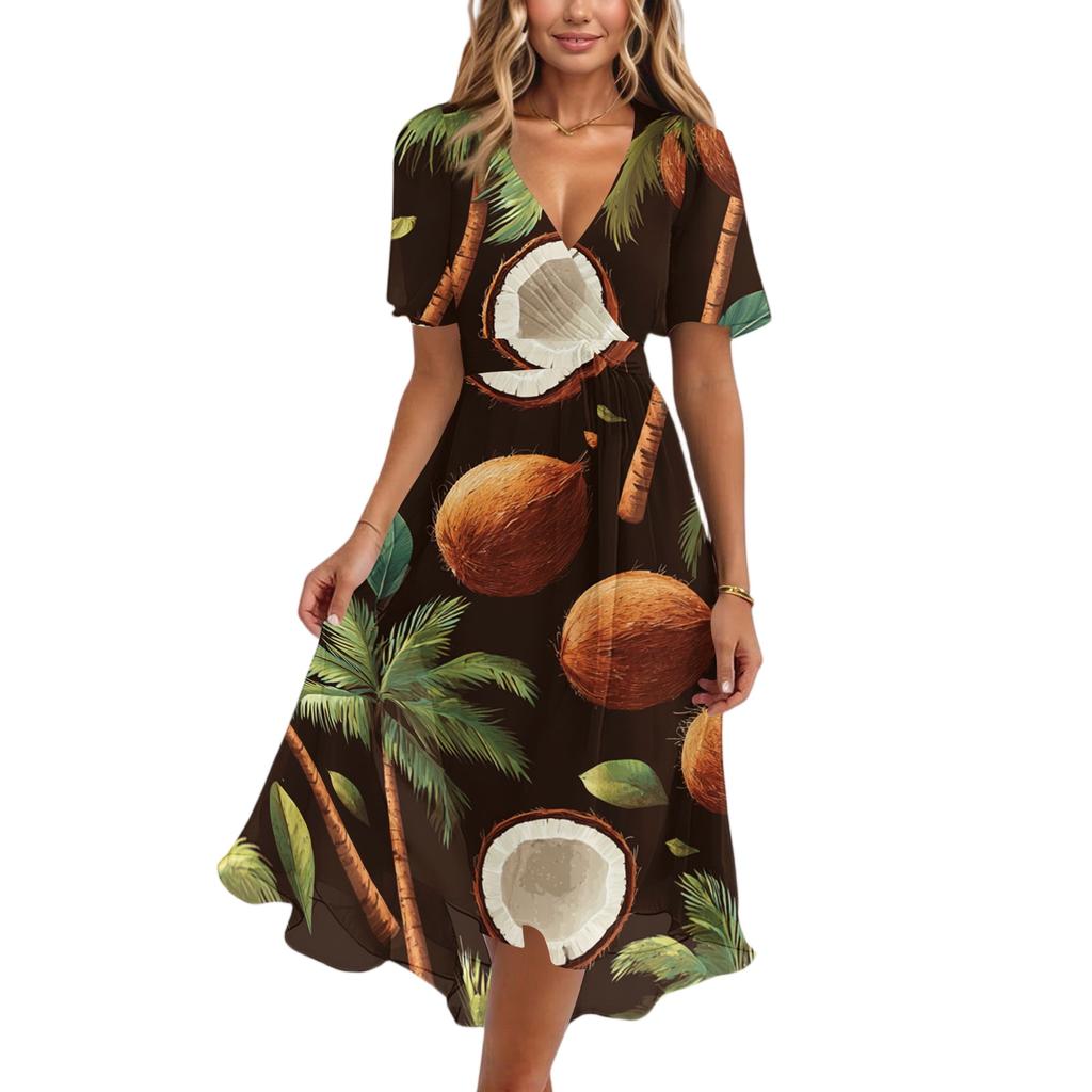 Women's Casual V Neck Short Sleeve Hawaiian Print Dress Midi Length Lightweight Comfortable Summer Beach Dress