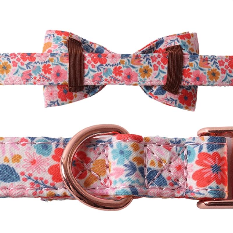 Fashion Dog Collar+Leash+Necktie Set Completes with Colorful Floral Print Bow Perfect for Pets Outstanding in the Crowd