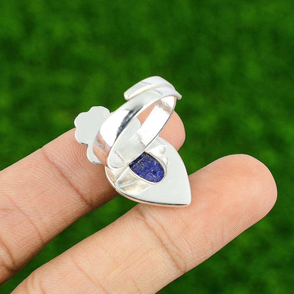 Natural Lapis Lazuli 925 Silver Stackable Flower Adjustable Ring For Women