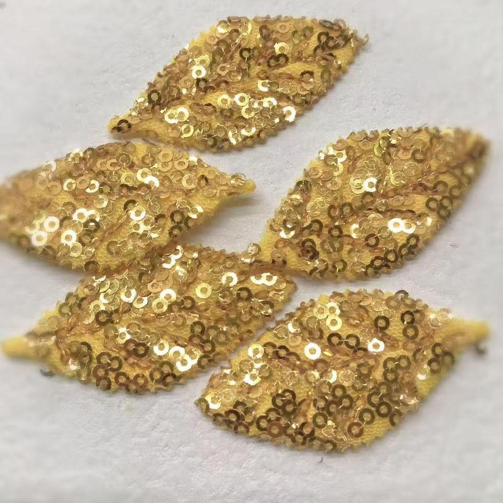 10Pcs Golden Silver Leaves With Sequins Embroidered Patches Applique Clothing Patch Decoration