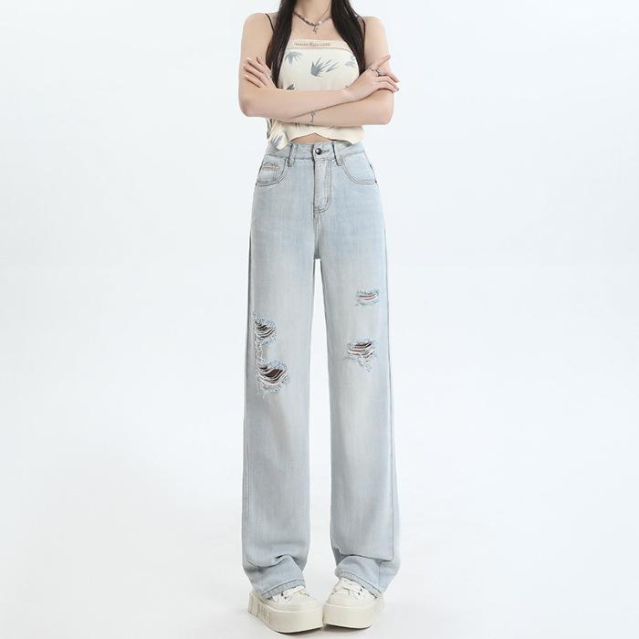 Summer Lyocell Tencel Narrow Wide Leg Tummy Control High Waist Soft Drape Slim Denim Pants Ladies Casual Pants Oversize Denim Trousers