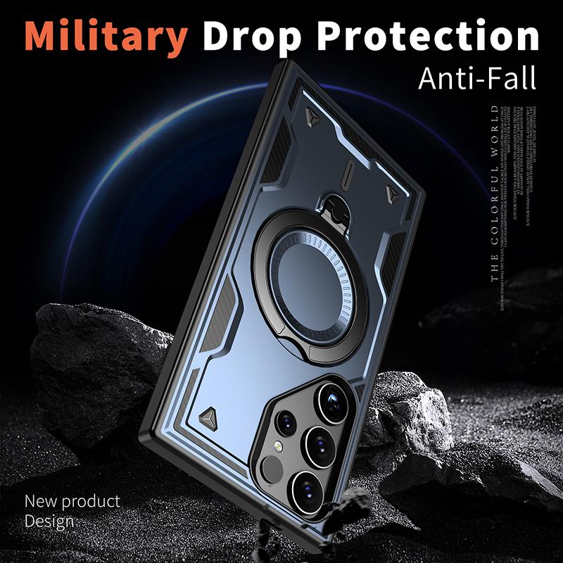 For Magsafe Magnetic 360°Rotat Metal Car Bracket Hard PC+Soft TPU Solid Color Armor Phone Case For Samsung S26 Ultra S26Plus S26