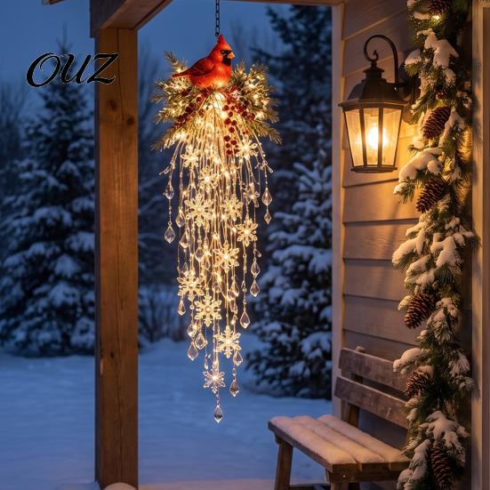 Santa Claus Snowman Decor Crystal Waterfall Christmas Lights, LED Warm White Pendant Effect Holiday Hanging Light with Snowflake Droplets, Outdoor