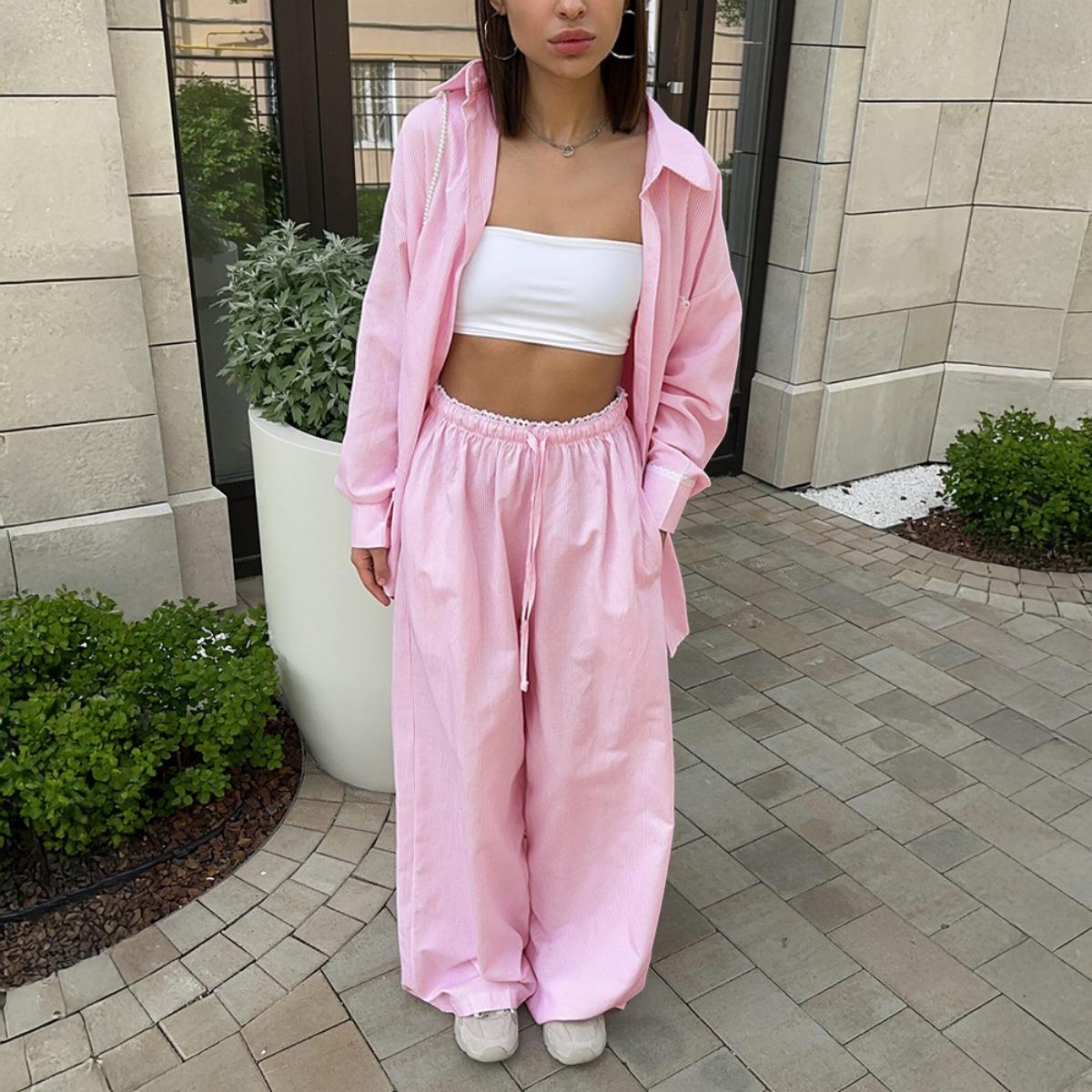 

Spring New Women Vertical Stripe Shirt + Drawstring Pants Two Piece Set, Casual Striped Outfit Suits For Women S