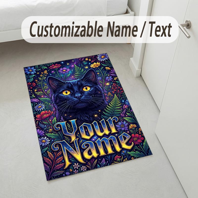 Ethereal Cat Theme Soft Crystal Velvet Rug Custom Name & Text Print Non Slip Floor Rug for Bedroom Living Room
