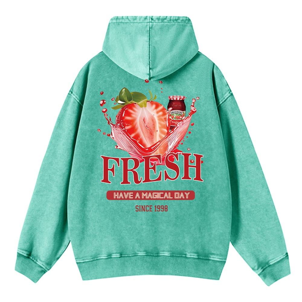 Fashion Womans Washed Hoodie Fresh Strawberriy Printed Streetwears Warm Cotton Oversize Pullovers Couple Clothes