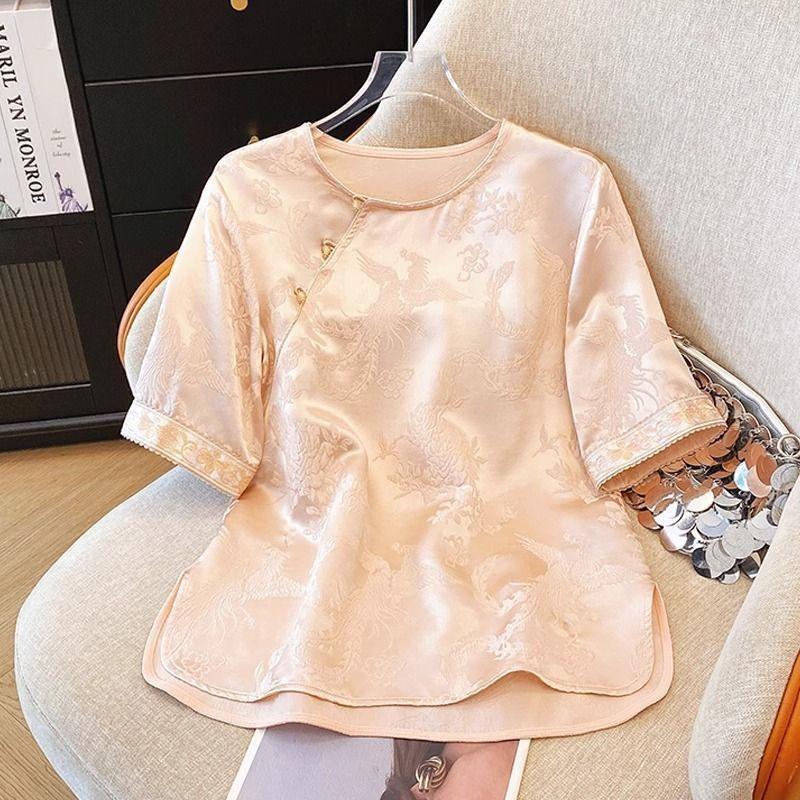 

Темпераментная рубашка 2025 лето модная универсальная новая майка женская с круглым вырезом жаккардовая на пуговицах M (under 50kg recommended) розовый