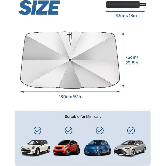 JOYTUTUS Windshield Sun Shade Umbrella, Upgraded 360° Rotation Bendable Shaft Handle, Foldable For Mini Car/Hatchback, Automotive Interior Sun