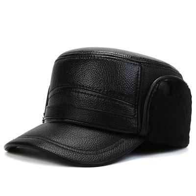 Middle-aged and Elderly Men's PU Leather Hat Winter Warmth Ear Protection Neck Protection Old Man Cotton Hat Plus Velvet Waterproof Flat Top Hat