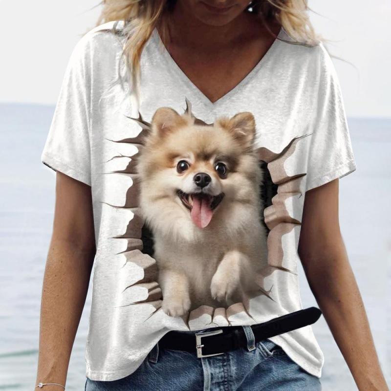 Sommer V-Ausschnitt 3D Tierdruck Top Modische Lässige Kurzarm Damen T-Shirts