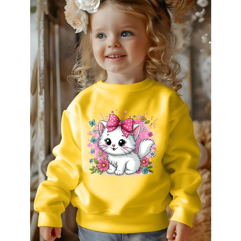 European sizes Kids' Fashionable Crew-Neck Sweatshirt with Cute Cat Print And Flower Bow Tie Design, Suitable for Everyday Wear And Casual Activities