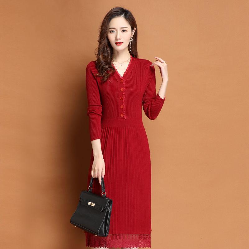SCIONE Lace V-neck Sweater Skirt Temperament Mid-length Slim Bottom Skirt All-match Knitted Dress Women