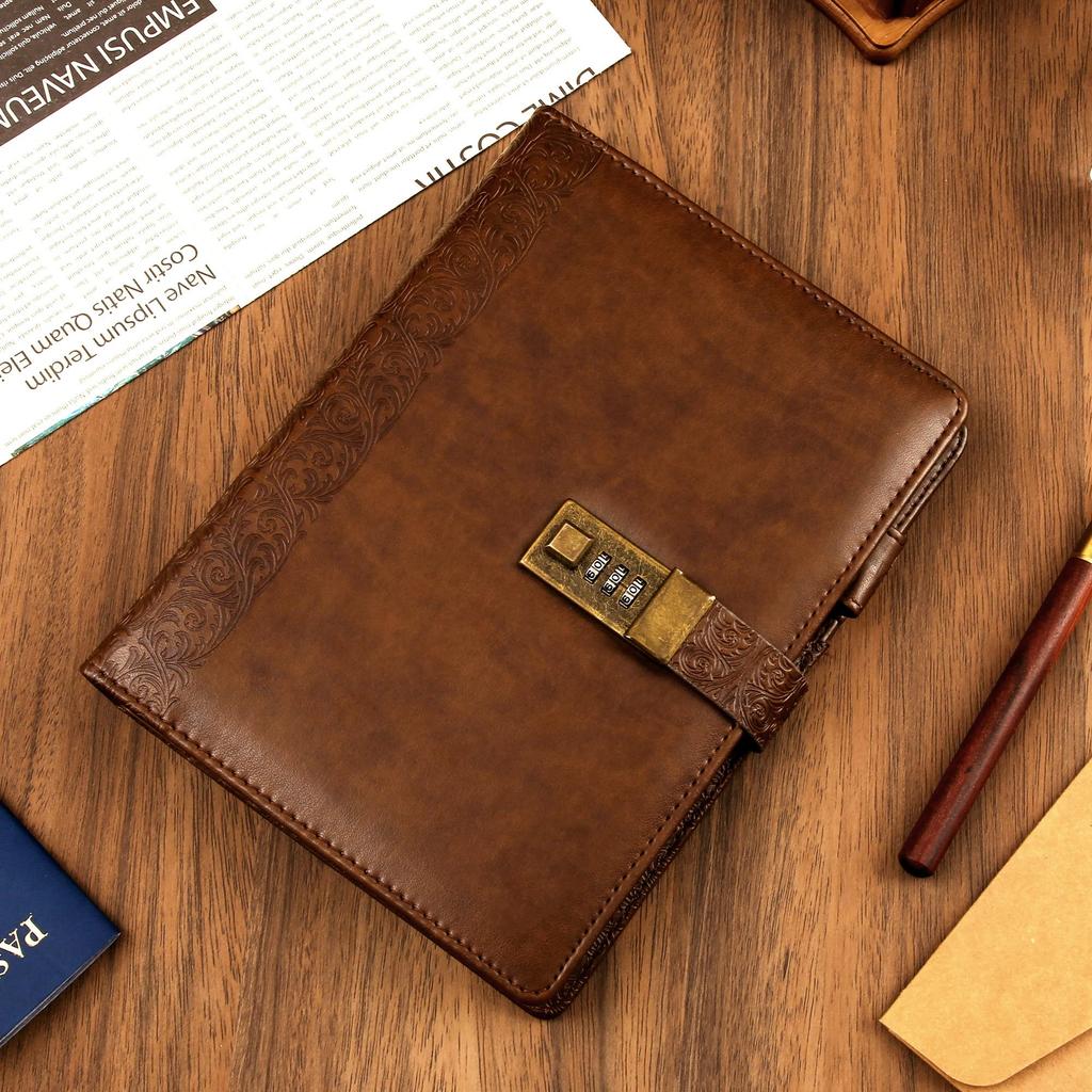 CAGIE System Planner A5 Lockable Notebook Antique Diary with Business Card for PU 230 x Brown Lock, Loose-leaf, 6-ring Ring, Diary, Holder, School,