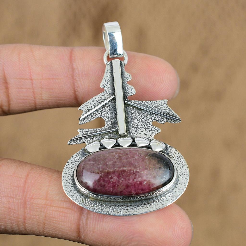 Natural Rhodonite Gemstone Pendant Pink 925 Sterling Silver Indian Jewelry
