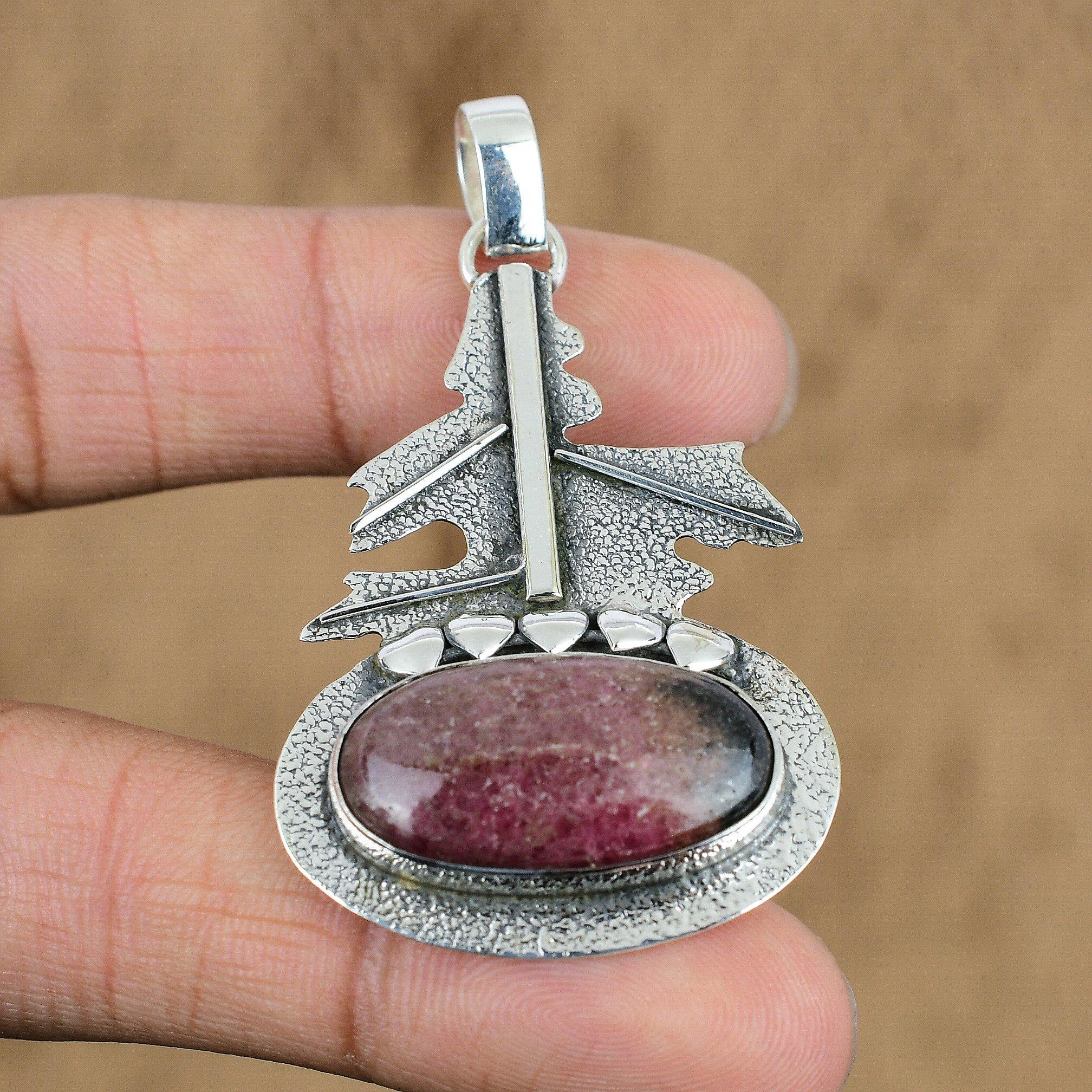 

Natural Rhodonite Gemstone Pendant Pink 925 Sterling Silver Indian Jewelry