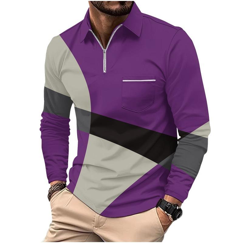 Men's Printed Polo Shirt with Zipper Pocket Sports Long Sleeved Polo Shirt