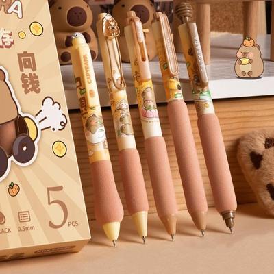 5-teiliges Capybara-Gelstift-Set, niedlicher Cartoon, weicher Halt, 0,5 mm Kugelschreiber, schwarze Tinte zum Schreiben