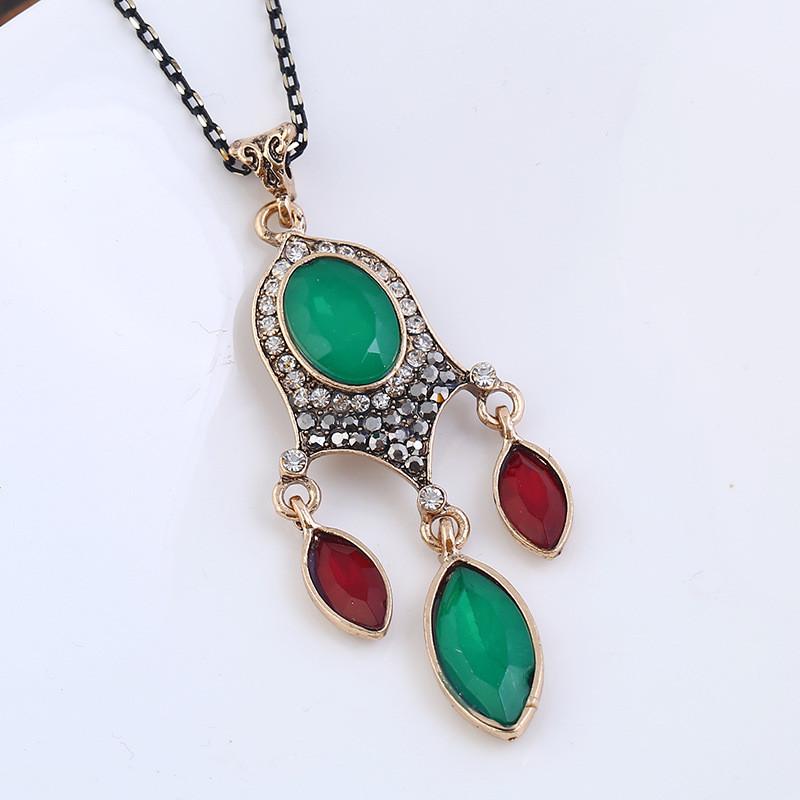 Vintage Pendant Alloy Necklace Earrings Set With Green And Black Resin For Gift