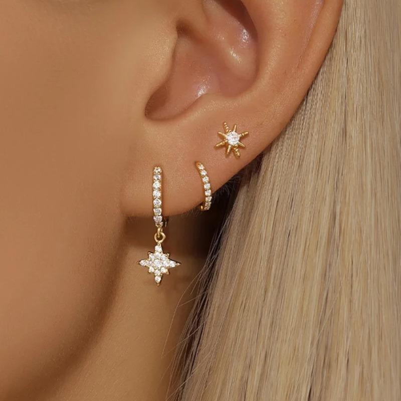3 Pcs Fashion Stainless Steel Round Star Drop Earrings for Women Trendy Crystal Zirconia Dangle Earring Punk Unisex Rock Jewelry