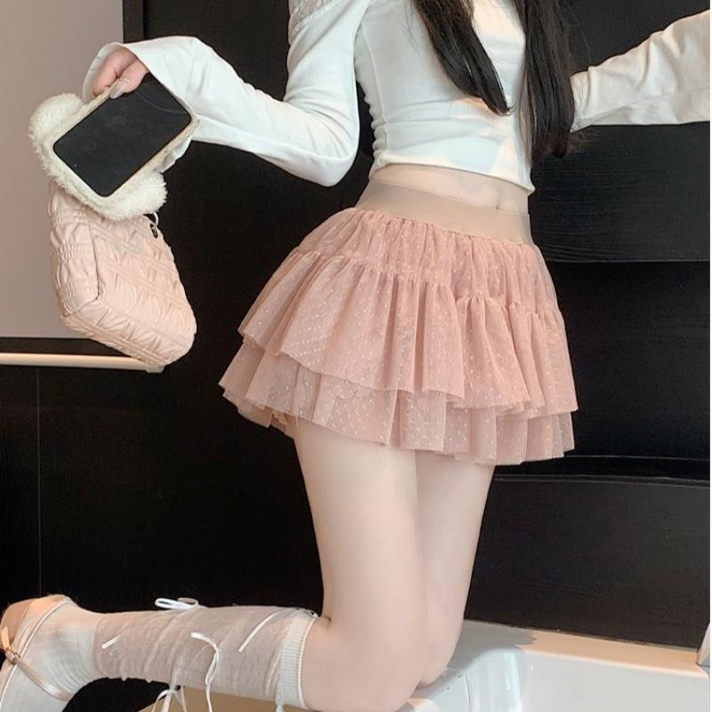 Ballet Style Sweet Fairy Tulle Mini Skirt Women 2026 Summer High Waist Polka Dot Ruffle A Line Cake Skirt for Daily Casual