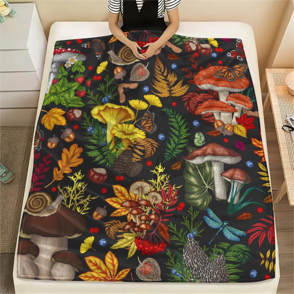1Pc Dreamy Exotic Mushroom Print Flannel Blanket, High quality Comfortable for All Seasons, Home Decor, Warmth and Comfort, Perfect for Gifts