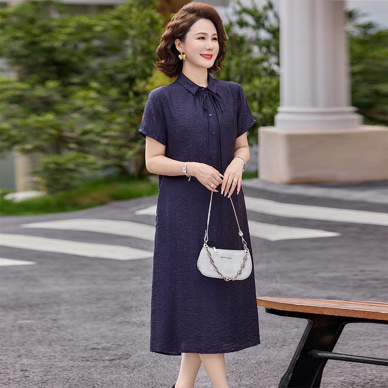 

Elegant Summer Plus Size Dress for Middle-aged and Elderly Women 2XL темно-синього кольору