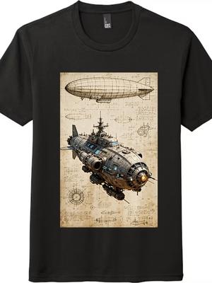Steampunk Aircraft Design Blueprint Printed T-shirt|Unisex Short-Sleeve Top