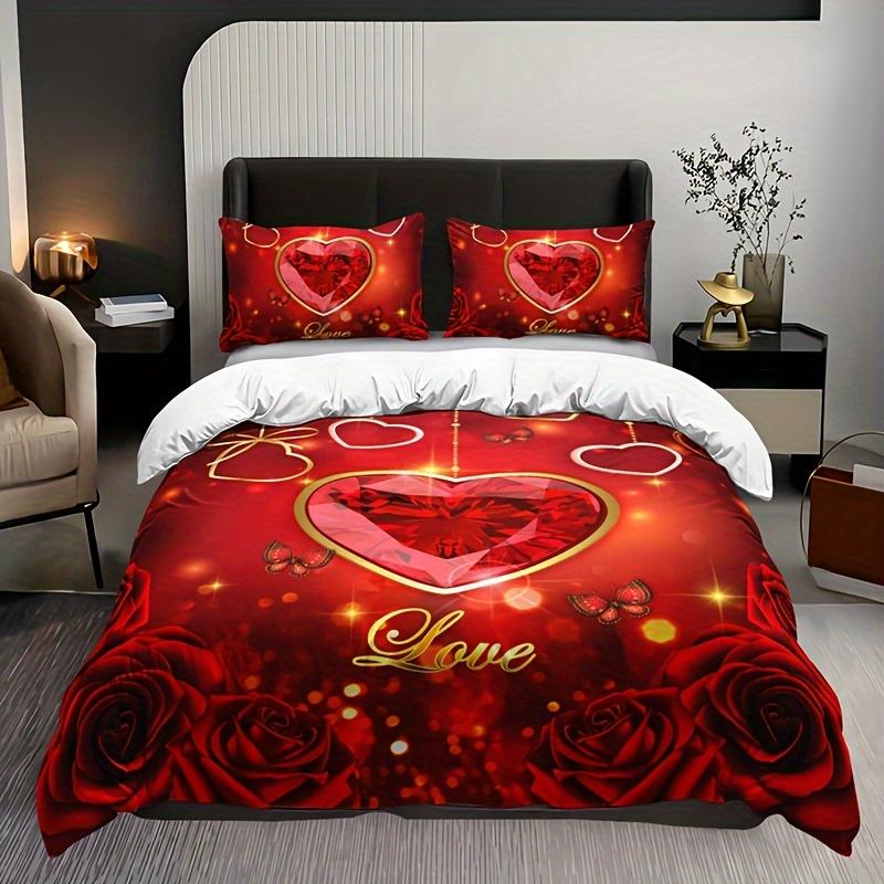 3pcs Bedding Set Queen Size Romantic Red Heart Rose Floral Butterfly Letter Duvet Cover Set Breathable Polyester For Bedroom