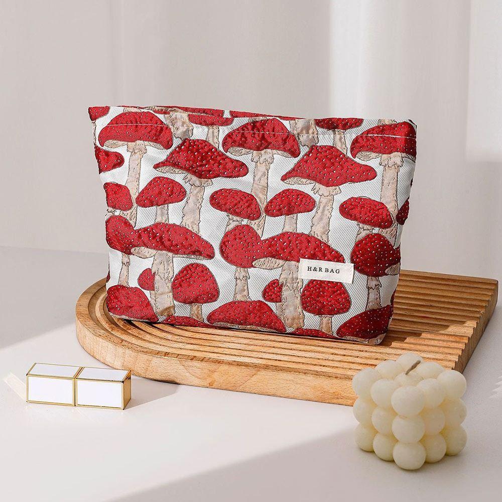 Vintage Canvas Make-up Tasche Roter Pilz Druck M/L Größe Aufbewahrungstasche Waschbar Tragbar Handtasche Hautpflegeprodukte Aufbewahrung