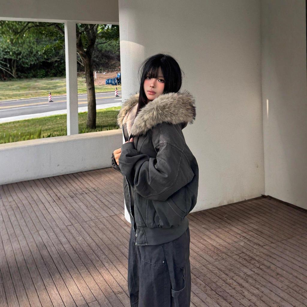 Women's Winter Guochao Zuo Furry Hooded Parka - Super Thick, Water-Washed, Loose Fit Cotton Coat