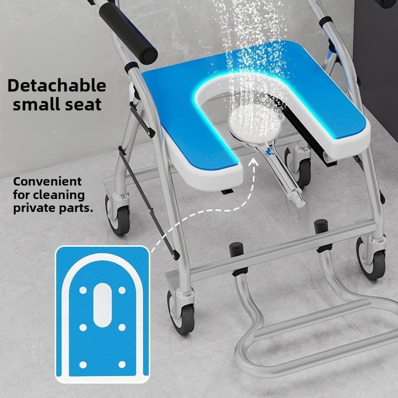 Foldable Bathroom Chair Mobile Care Bath Commode Chair Elderly Handicapped Versatile Shower Wheelchair