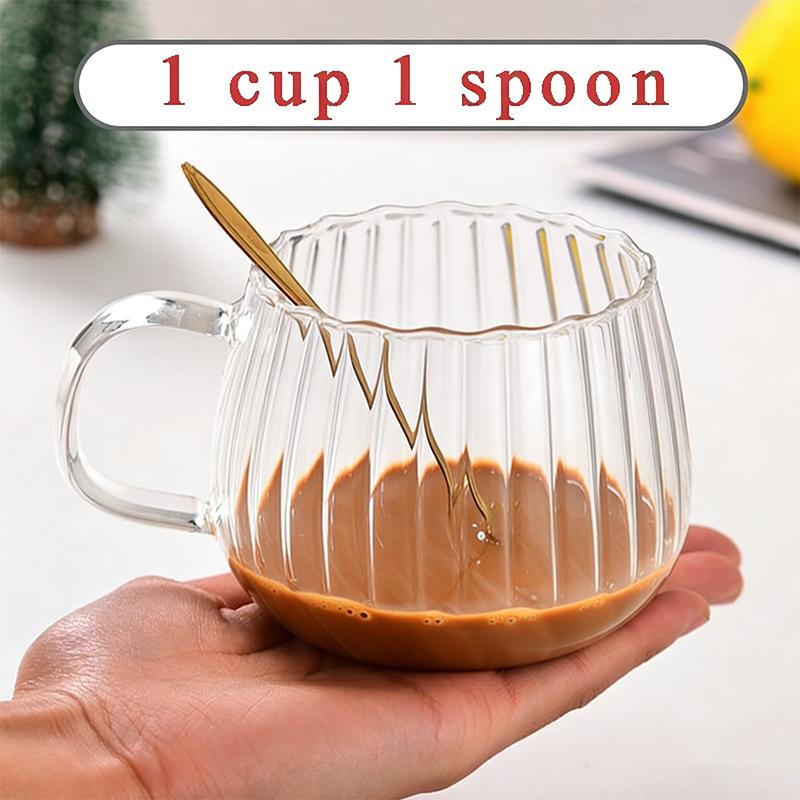 Enkellaagse Beker van Hoog Borosilicaatglas met Lepel Set Verticale Streep Pompoenvorm Glazen Beker Draagbare Creatieve Koffiemok