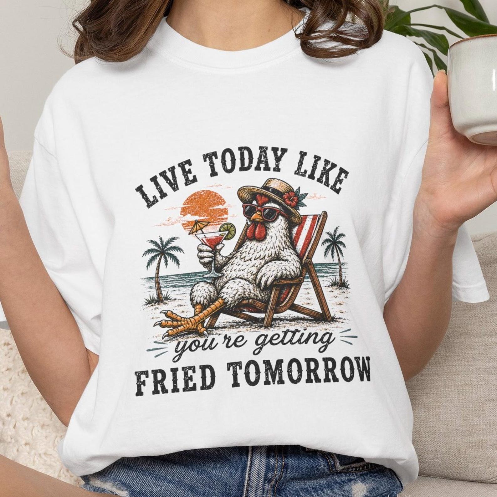 Live Today Like Youre Getting Fried Chicken Tshirt, Funny Farm Tee, Farm Humor Shirt, Country Life T-shirt, Lake Life Rooster M