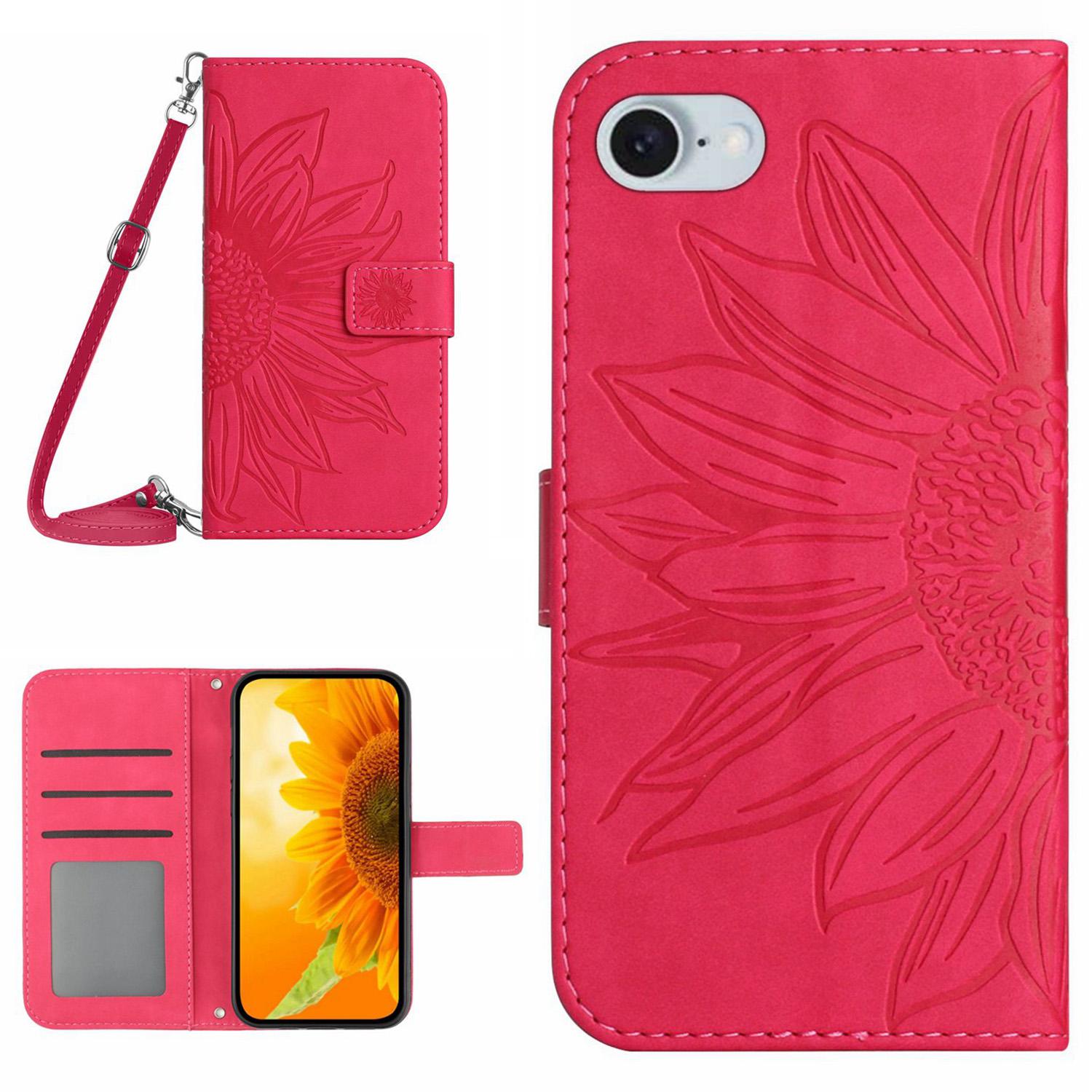 

HT04 For iPhone 16e Case Sunflower PU Leather+TPU Phone Cover with Shoulder Strap Rose