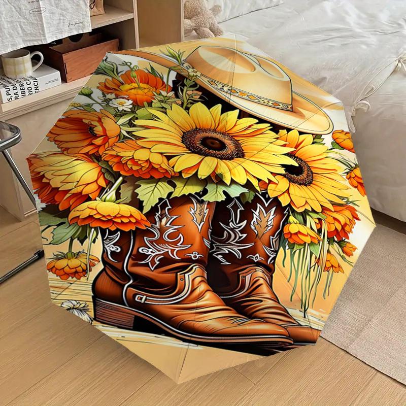 Cowboy Boots with Sunflowers Umbrella- Western Style Cowboy Hat and Boots for Men Women - Festival Gift Idea - Outdoor Rain Umbrella with Au
