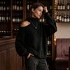 Women's Casual Oversized Knit Pullover Sweater with Asymmetric Neckline and Puff Sleeves